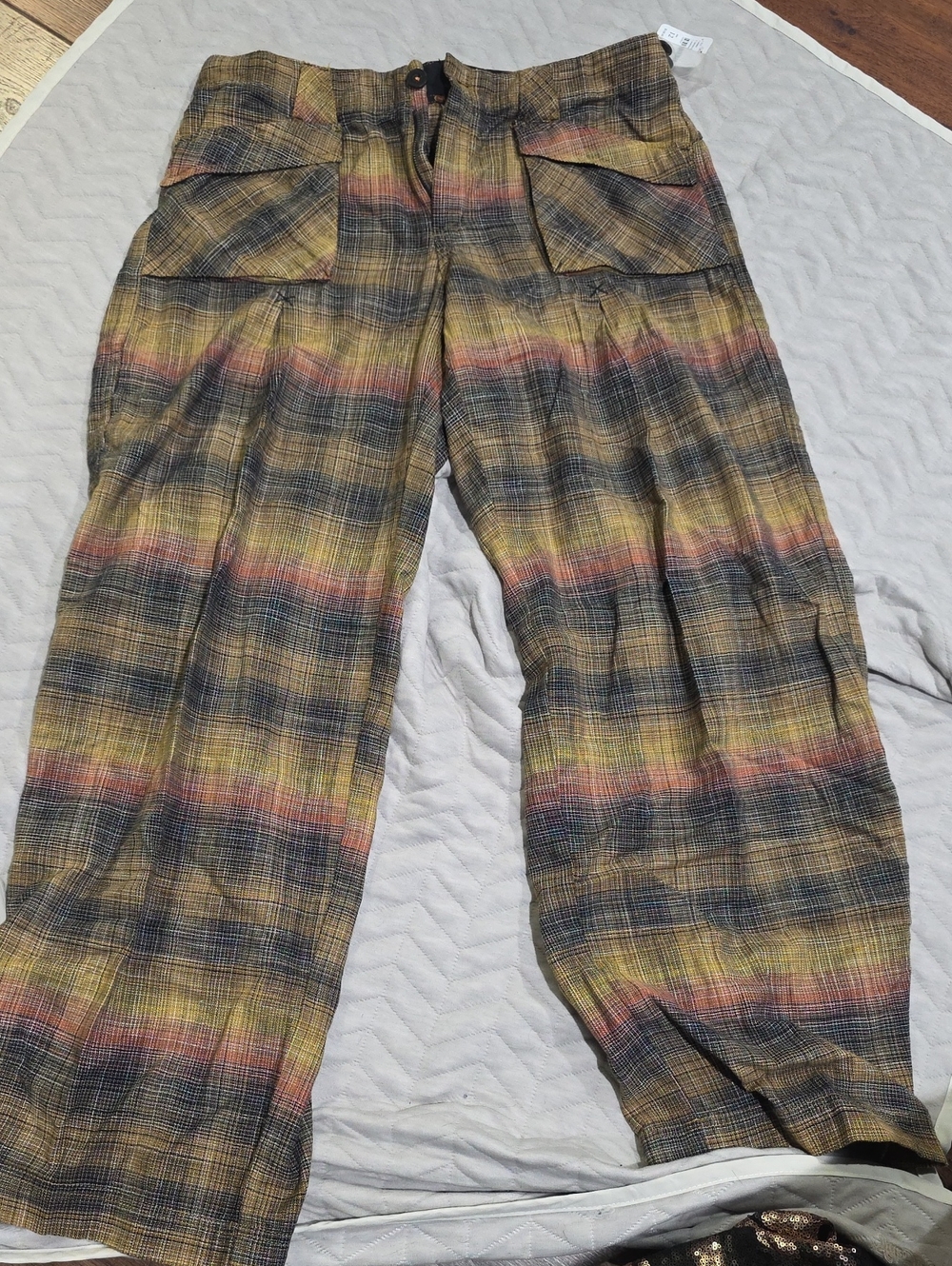 Free People Multicolor Plaid Cargo Trousers in Yellow, Brown & Red